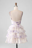 Lavender Tiered Floral Print Homecoming Dresses Spaghetti Strap Back to School Dress hc392-Prom Dresses-vigocouture-Lavender-Custom Size-vigocouture