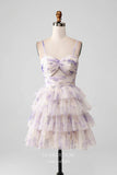 Lavender Tiered Floral Print Homecoming Dresses Spaghetti Strap Back to School Dress hc392-Prom Dresses-vigocouture-Lavender-Custom Size-vigocouture