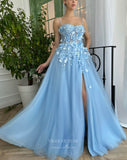 Light Blue 3D Flower Prom Dresses with Pockets Spaghetti Strap Floral Formal Dress with Slit 24496