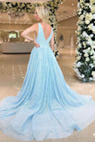 Light Blue Beaded Lace Prom Dresses 2024 Plunging V-Neck 24280-Prom Dresses-vigocouture-Light Blue-Custom Size-vigocouture