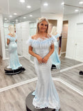Light Blue Feather Off the Shoulder Prom Dresses Mermaid Sequin Evening Dress 24063-Prom Dresses-vigocouture-Light Blue-Custom Size-vigocouture
