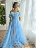 Light Blue Floral Prom Dresses with Slit Off the Shoulder Formal Dress with Pockets 24497-Prom Dresses-vigocouture-Light Blue-Custom Size-vigocouture