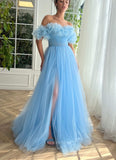 Light Blue Floral Prom Dresses with Slit Off the Shoulder Formal Dress with Pockets 24497