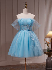 Light Blue Lace Applique Homecoming Dress Off the Shoulder Graduation Dress hc313