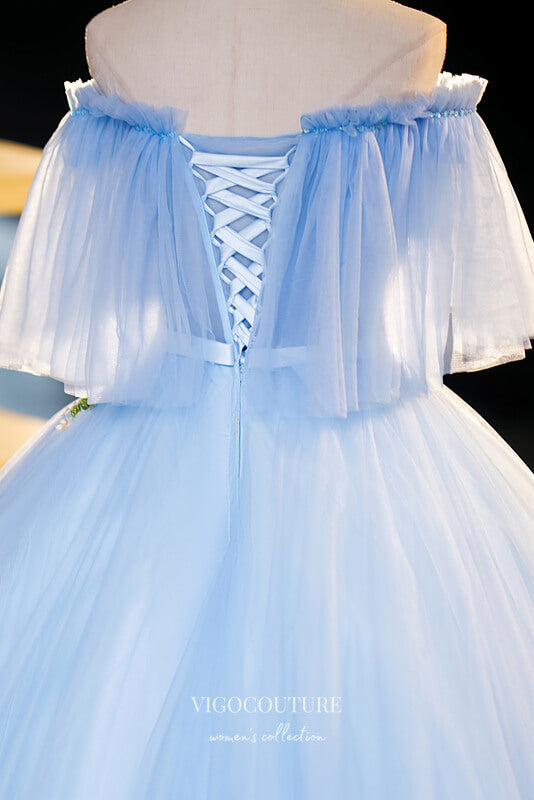 Light Blue Lace Applique Prom Dresses Off the Shoulder Quinceanera Dress 22354-Prom Dresses-vigocouture-Light Blue-Custom Size-Ball Gown-vigocouture