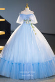 Light Blue Lace Applique Prom Dresses Off the Shoulder Quinceanera Dress 22354