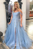 Light Blue Lace Applique Prom Dresses with Slit Spaghetti Strap Formal Gown 22014-Prom Dresses-vigocouture-Light Blue-US2-vigocouture