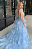 Light Blue Lace Applique Tiered Prom Dresses Sheer Bodice Bow Tie Strap 24363-Prom Dresses-vigocouture-Light Blue-Custom Size-vigocouture