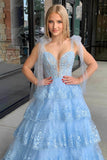 Light Blue Lace Applique Tiered Prom Dresses Sheer Bodice Bow Tie Strap 24363-Prom Dresses-vigocouture-Light Blue-Custom Size-vigocouture