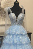 Light Blue Lace Applique Tiered Prom Dresses Sheer Bodice Bow Tie Strap 24363-Prom Dresses-vigocouture-Light Blue-Custom Size-vigocouture