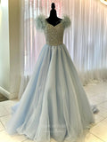Light Blue Organza Prom Dresses Beaded Bodice Feather Shoulder 24178