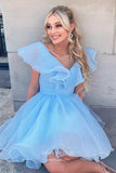 Light Blue Ruffled Tiered Homecoming Dresses Organza Cheap Short Prom Dress hc454