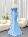 Light Blue Satin Mermaid Prom Dresses Off the Shoulder Beaded Sheer Long Sleeve 24430-Prom Dresses-vigocouture-Light Blue-US2-vigocouture