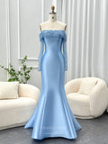 Light Blue Satin Mermaid Prom Dresses Off the Shoulder Beaded Sheer Long Sleeve 24430