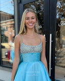 Light Blue Satin Prom Dresses with Bow-Tie Spaghetti Strap Evening Gown 24018-Prom Dresses-vigocouture-Light Blue-Custom Size-vigocouture