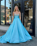 Light Blue Satin Prom Dresses with Bow-Tie Spaghetti Strap Evening Gown 24018-Prom Dresses-vigocouture-Light Blue-Custom Size-vigocouture