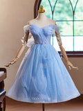 Light Blue Sparkly Tulle Homecoming Dress Off the Shoulder Graduation Dress hc339-Prom Dresses-vigocouture-Light Blue-Custom Size-vigocouture