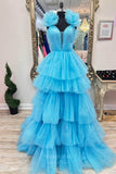 Light Blue Tiered Ruffled Prom Dresses 2024 Pleated Plunging V-Neck 24281-Prom Dresses-vigocouture-Light Blue-Custom Size-vigocouture