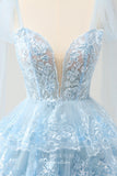 Light Blue Tiered Spaghetti Strap Homecoming Dresses Lace Applique Back to School Dress hc383-Prom Dresses-vigocouture-Light Blue-Custom Size-vigocouture