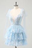 Light Blue Tiered Spaghetti Strap Homecoming Dresses Lace Applique Back to School Dress hc383-Prom Dresses-vigocouture-Light Blue-Custom Size-vigocouture