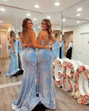 Light Blue Velvet Sequin Mermaid Prom Dresses with Slit Spaghetti Strap Evening Dress 24041-Prom Dresses-vigocouture-Light Blue-Custom Size-Spaghetti Strap-vigocouture