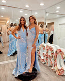 Light Blue Velvet Sequin Mermaid Prom Dresses with Slit Spaghetti Strap Evening Dress 24041-Prom Dresses-vigocouture-Light Blue-Custom Size-Spaghetti Strap-vigocouture