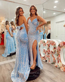 Light Blue Velvet Sequin Mermaid Prom Dresses with Slit Spaghetti Strap Evening Dress 24041-Prom Dresses-vigocouture-Light Blue-Custom Size-Spaghetti Strap-vigocouture