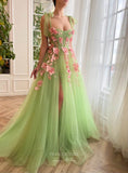 Light Green 3D Flower Prom Dresses with Pockets Bow Spaghetti Strap Formal Gown with Slit 24489