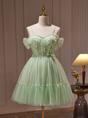 Light Green Lace Applique Homecoming Dress Pleated Spaghetti Strap Graduation Dress hc316