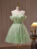 Light Green Lace Applique Homecoming Dress Pleated Spaghetti Strap Graduation Dress hc316-Prom Dresses-vigocouture-Light Green-Custom Size-vigocouture
