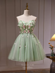 Light Green Lace Applique Homecoming Dress Strapless Graduation Dress hc315