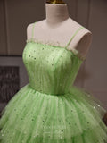 Light Green Tiered Homecoming Dress Sparkly Tulle Spaghetti Strap Graduation Dress hc314-Prom Dresses-vigocouture-Light Green-Custom Size-vigocouture