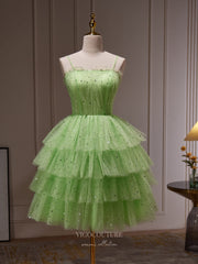 Light Green Tiered Homecoming Dress Sparkly Tulle Spaghetti Strap Graduation Dress hc314