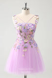 Lilac 3D Flower Lace Homecoming Dresses Spaghetti Strap Back to School Dress hc381