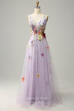 Lilac Floral V-Neck Prom Dresses Lace Applique Formal Gown 24536B