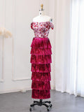 Magenta Strapless Floral Sequin Prom Dresses Tassel Tiered Evening Dress 24437-Prom Dresses-vigocouture-Magenta-US2-vigocouture