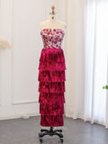 Magenta Strapless Floral Sequin Prom Dresses Tassel Tiered Evening Dress 24437