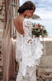 Mermaid Bohemian Lace Wedding Dresses Long Flare Sleeves Bridal Gown w0161