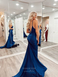 Mermaid Satin Cheap Prom Dresses Beaded Neckline Spaghetti Strap 24072-Prom Dresses-vigocouture-Navy Blue-Custom Size-vigocouture