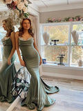 Mermaid Satin Cheap Prom Dresses Beaded Neckline Spaghetti Strap 24072-Prom Dresses-vigocouture-Olive-Custom Size-vigocouture