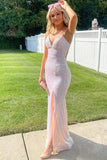 Mermaid Sequin Prom Dresses with Slit Spaghetti Strap Evening Dress 21930-Prom Dresses-vigocouture-Blush-US0-vigocouture