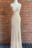 Peach Mermaid Sequin Prom Dresses with Slit Spaghetti Strap Evening Dress 21930-Prom Dresses-vigocouture-Champagne-US2-vigocouture