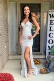 Peach Mermaid Sequin Prom Dresses with Slit Spaghetti Strap Evening Dress 21930-Prom Dresses-vigocouture-Silver-US2-vigocouture