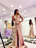 Mocha Mermaid Pleated Bodice Satin Prom Dresses with Slit Spaghetti Strap 24080-Prom Dresses-vigocouture-Mocha-Custom Size-vigocouture