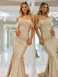 Mocha Pleated Satin Strapless Prom Dresses Feather Mermaid Evening Dress 24100-Prom Dresses-vigocouture-Mocha-Custom Size-vigocouture