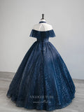 vigocouture-Navy Blue Lace Applique Prom Dresses Sparkly Tulle 21014-Prom Dresses-vigocouture-