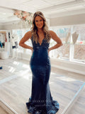 Navy Blue Sequin Mermaid Prom Dresses Spaghetti Strap V-Neck Lace Applique 24097-Prom Dresses-vigocouture-Navy Blue-Custom Size-vigocouture