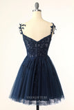 Navy Blue Spaghetti Strap Homecoming Dresses Lace Applique Back to School Dress hc377-Prom Dresses-vigocouture-Navy Blue-Custom Size-vigocouture