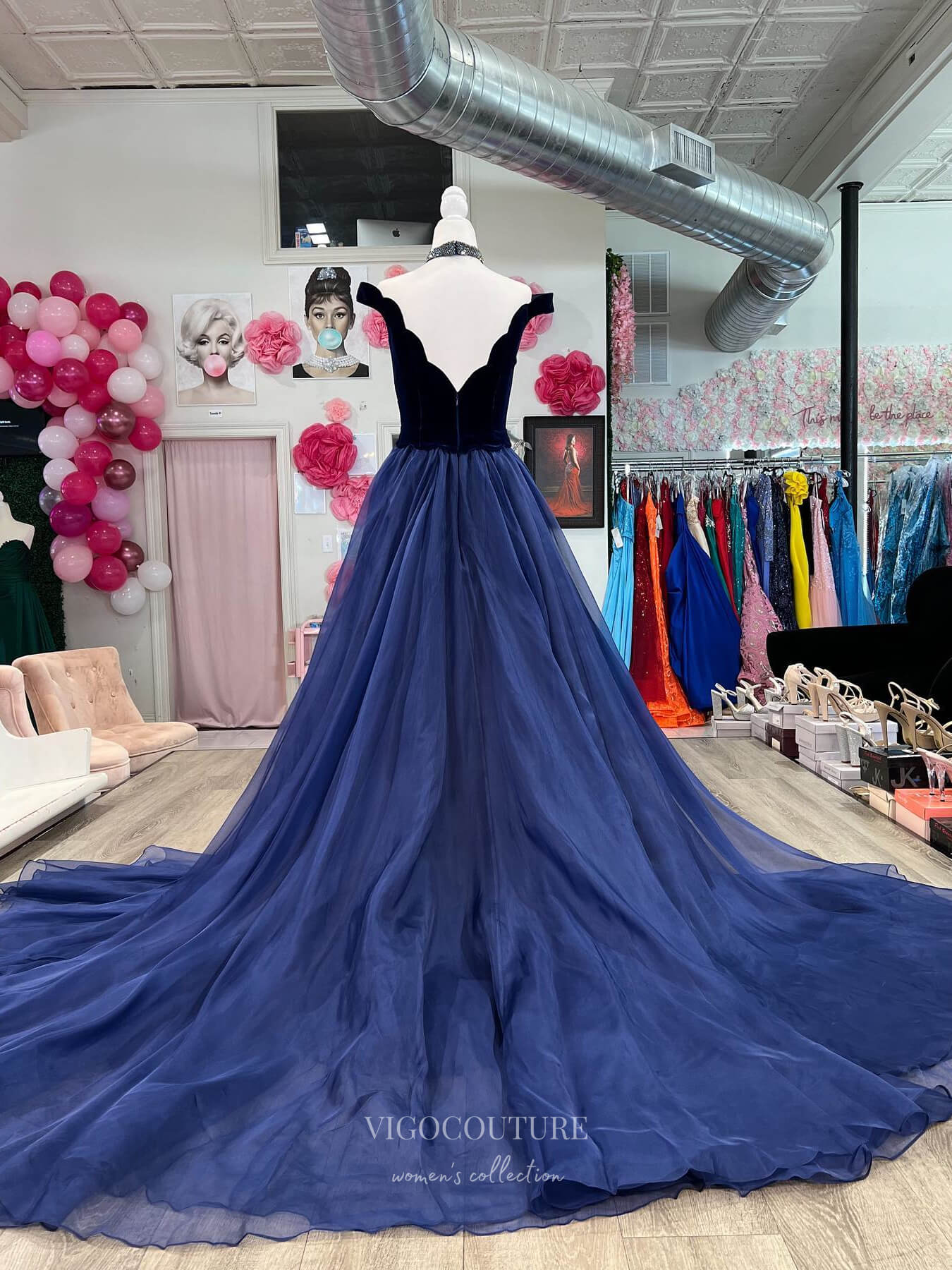 Navy Blue Velvet Prom Dresses with Organza Overskirt Off the Shoulder 24210-Prom Dresses-vigocouture-Navy Blue-Custom Size-vigocouture