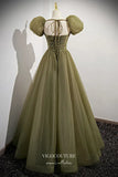 vigocouture-Olive Green Formal Dress Removable Puffed Sleeve Prom Dresses 21659-Prom Dresses-vigocouture-